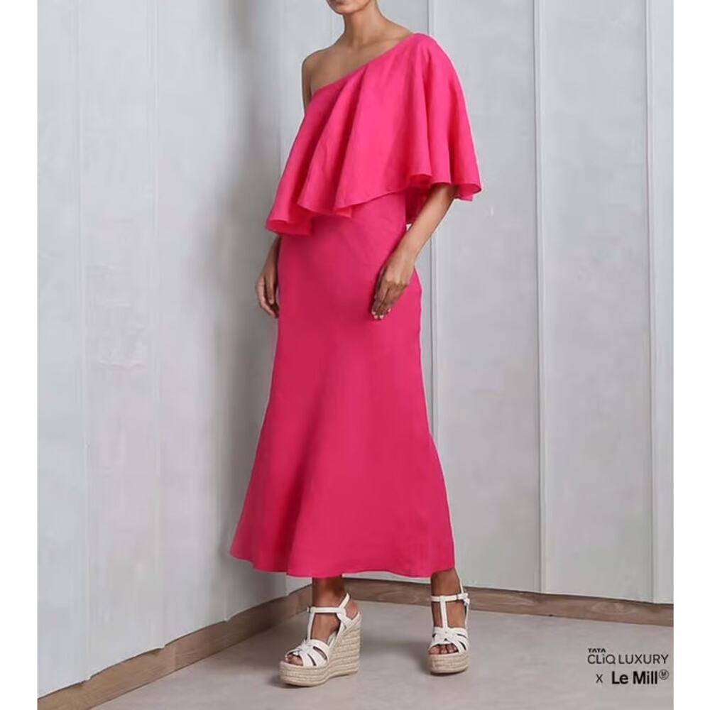 Three Graces London Valentina One Shoulder Linen Maxi Dress pink size UK 8 US 4 - Picture 15 of 15